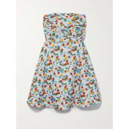HVN Karla strapless ruched printed cotton-blend poplin mini dress