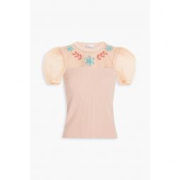 Embroidered point desprit and ribbed-knit top