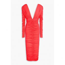 Ruched neon stretch-jersey midi dress