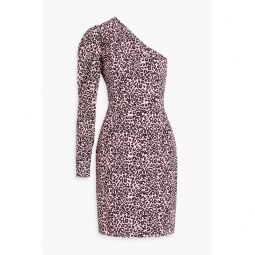 One-shoulder gathered leopard-print silk crepe de chine mini dress
