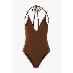 Tie-detailed gathered stretch-knit bodysuit