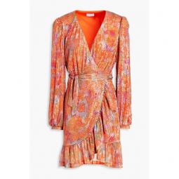 Sequined printed tulle mini wrap dress