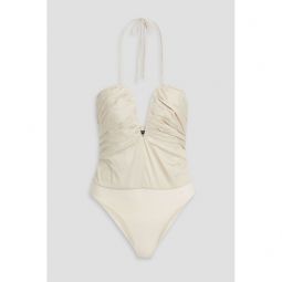 Ruched cotton-blend poplin and stretch-jersey halterneck bodysuit