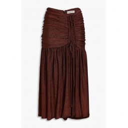 Ruched metallic jersey midi skirt