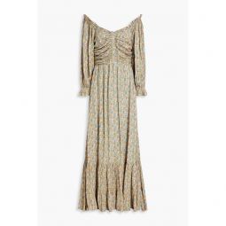 Ruched floral-print jacquard maxi dress