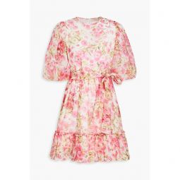 Gathered floral-print organza mini dress