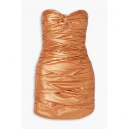 Strapless ruched metallic leather mini dress