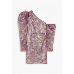 One-shoulder floral-print sequined tulle mini dress