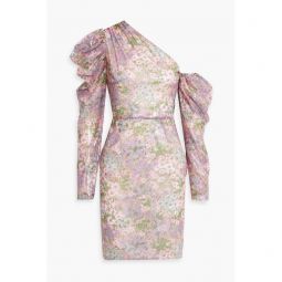 One-shoulder floral-print sequined tulle mini dress
