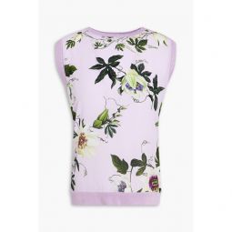 Floral-print silk crepe de chine-paneled knitted vest