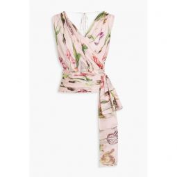 Wrap-effect draped floral-print silk-chiffon top