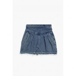 Skirt-effect frayed denim shorts