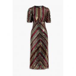 Velvet-trimmed sequined crepe de chine midi dress