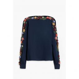 Tulle-trimmed embellished silk-blend crepe blouse