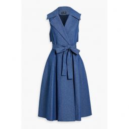 Belted wrap-effect denim midi dress