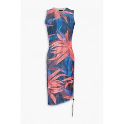 Ruched printed stretch-mesh mini dress