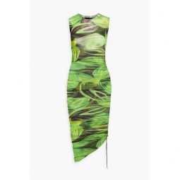 Asymmetric printed stretch-mesh dress