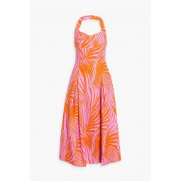 Pleated printed linen halterneck midi dress