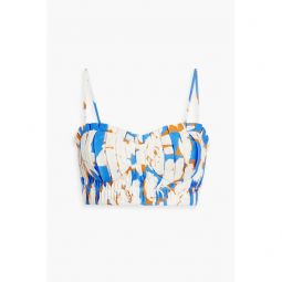 Pleated floral-print linen bustier top