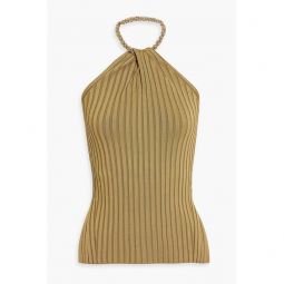 Rhea chain-embellished ribbed-knit halterneck top