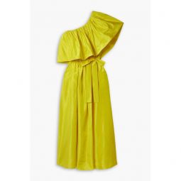 One-shoulder ruffled belted silk-taffeta midi dress