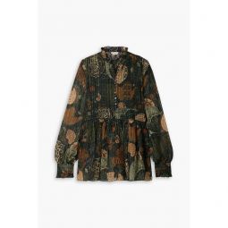 Pintucked ruffled printed silk-blend chiffon blouse