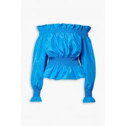 Off-the-shoulder shirred silk-taffeta top