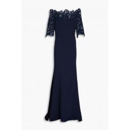 Off-the-shoulder lace-trimmed crepe gown