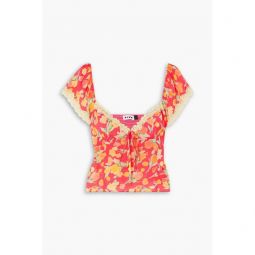Rosella cropped lace-trimmed floral-print crepe top