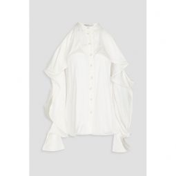 Cold-shoulder ruffled satin-twill top