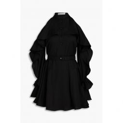 Cold-shoulder ruffled satin-twill mini dress