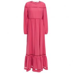 Lattice-trimmed gathered satin-crepe maxi dress