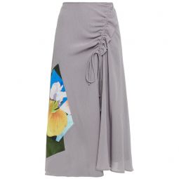 Ruched printed crepon midi skirt