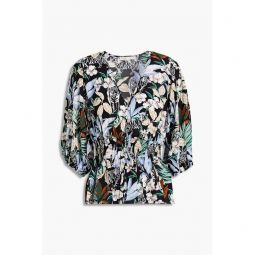 Shirred floral-print crepe de chine blouse
