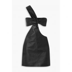 One-shoulder knotted cutout leather mini dress