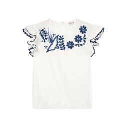 Lace-trimmed embroidered cotton-poplin blouse