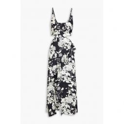 Ruffled cutout floral-print satin midi dress