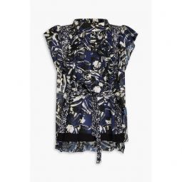 Pleated printed silk-seersucker blouse
