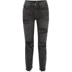 Distressed high-rise slim-leg jeans